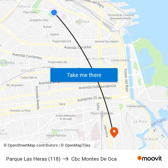 Parque Las Heras (118) to Cbc Montes De Oca map