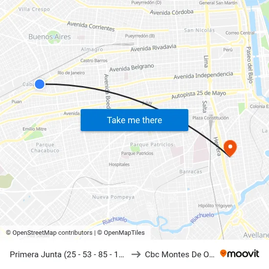 Primera Junta (25 - 53 - 85 - 132) to Cbc Montes De Oca map