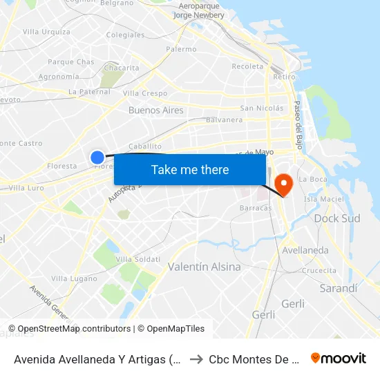 Avenida Avellaneda Y Artigas (134) to Cbc Montes De Oca map