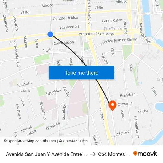Avenida San Juan Y Avenida Entre Ríos (53 - 126) to Cbc Montes De Oca map