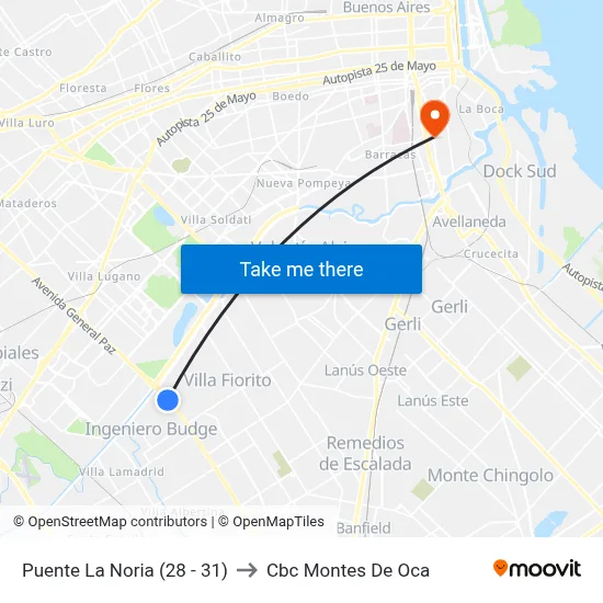 Puente La Noria (28 - 31) to Cbc Montes De Oca map