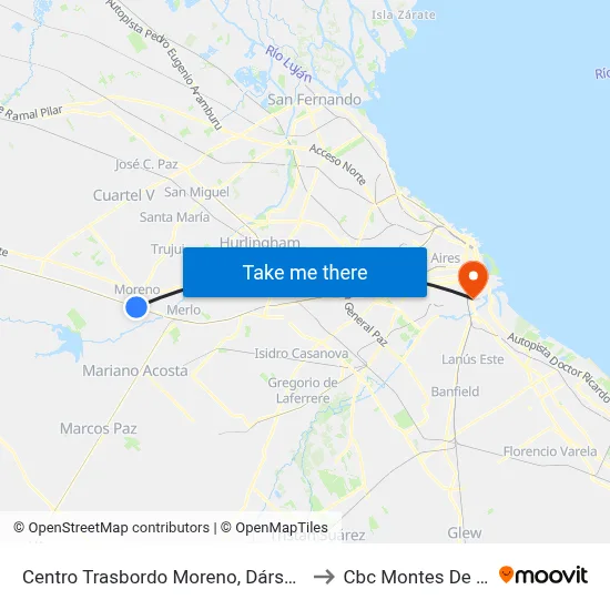 Centro Trasbordo Moreno, Dársena 16 to Cbc Montes De Oca map