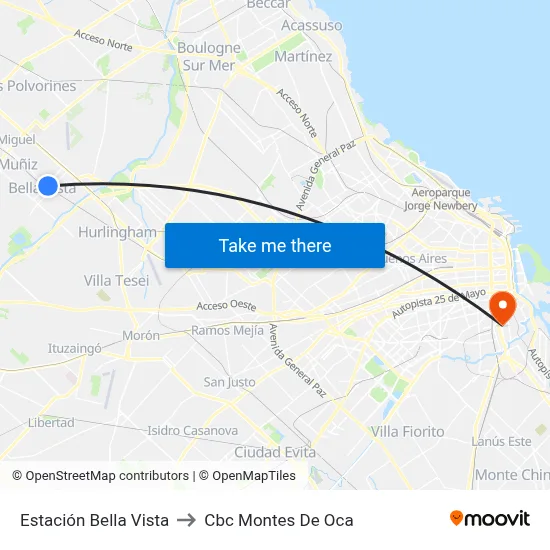 Estación Bella Vista to Cbc Montes De Oca map