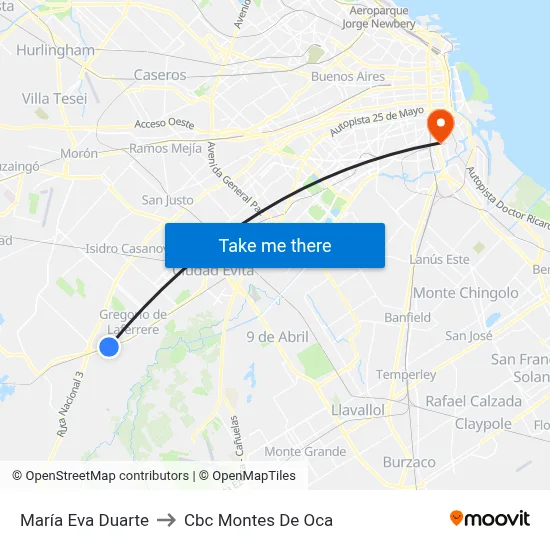 María Eva Duarte to Cbc Montes De Oca map