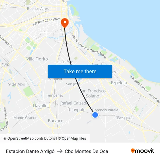 Estación Dante Ardigó to Cbc Montes De Oca map