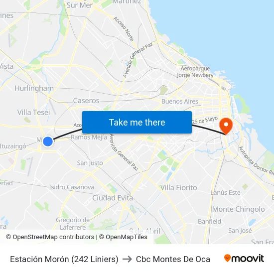 Estación Morón (242 Liniers) to Cbc Montes De Oca map