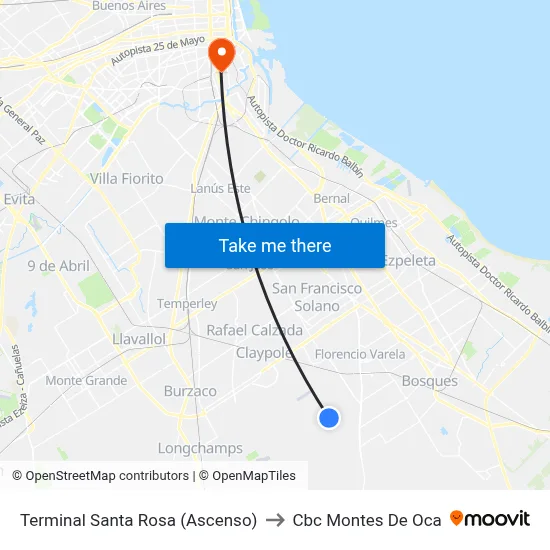 Terminal Santa Rosa (Ascenso) to Cbc Montes De Oca map