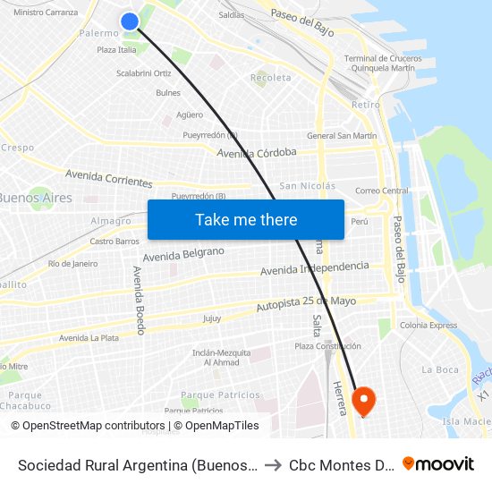 Sociedad Rural Argentina (Buenos Aires Bus) to Cbc Montes De Oca map