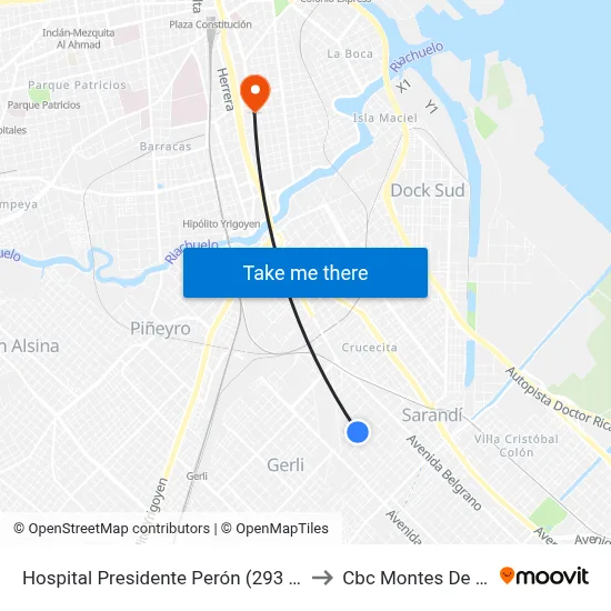 Hospital Presidente Perón (293 - 570) to Cbc Montes De Oca map