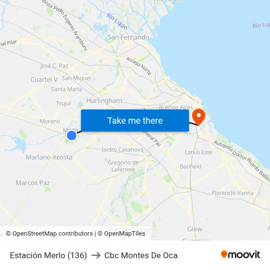 Estación Merlo (136) to Cbc Montes De Oca map