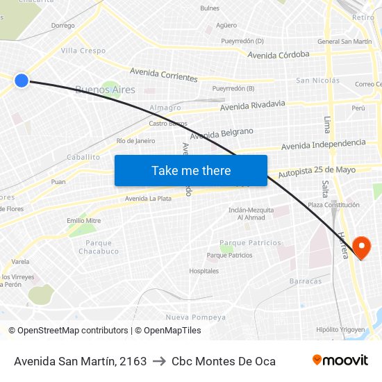 Avenida San Martín, 2163 to Cbc Montes De Oca map