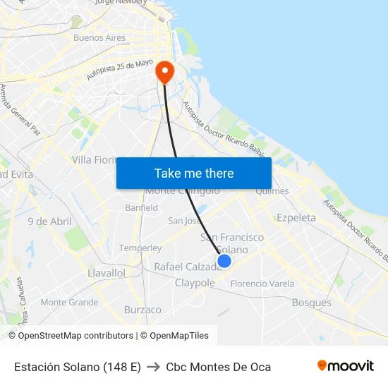Estación Solano (148 E) to Cbc Montes De Oca map