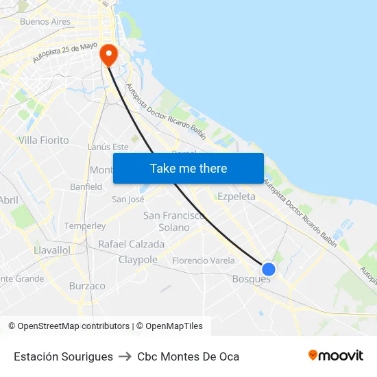 Estación Sourigues to Cbc Montes De Oca map
