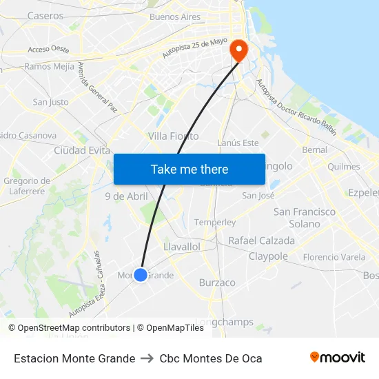 Estacion Monte Grande to Cbc Montes De Oca map