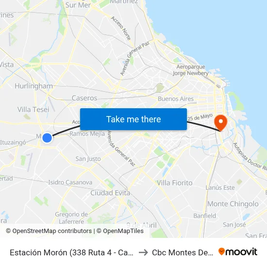 Estación Morón (338 Ruta 4 - Camargo) to Cbc Montes De Oca map
