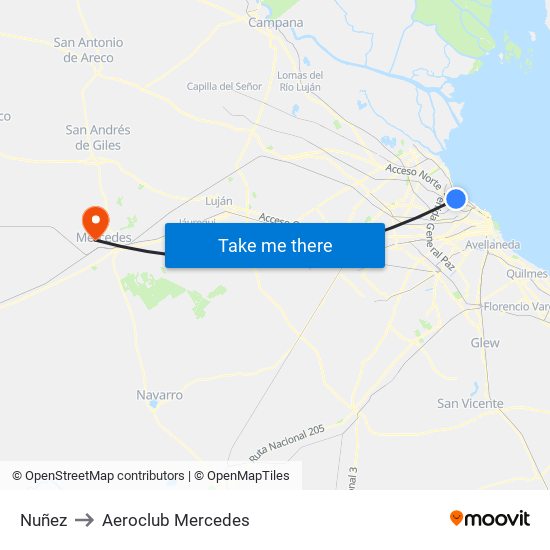 Nuñez to Aeroclub Mercedes map