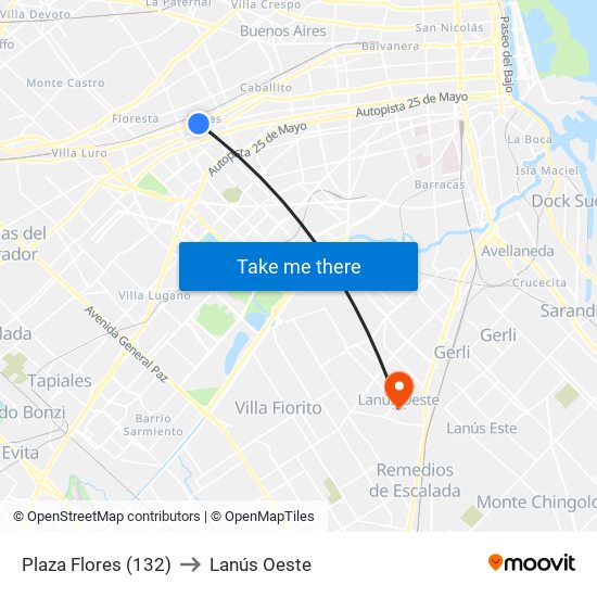 Plaza Flores (132) to Lanús Oeste map