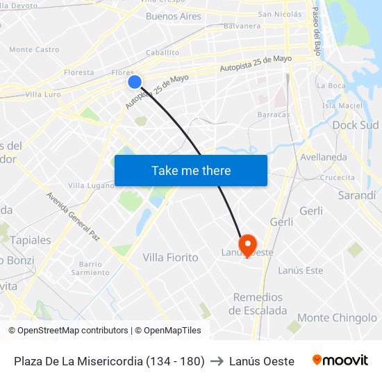 Plaza De La Misericordia (134 - 180) to Lanús Oeste map