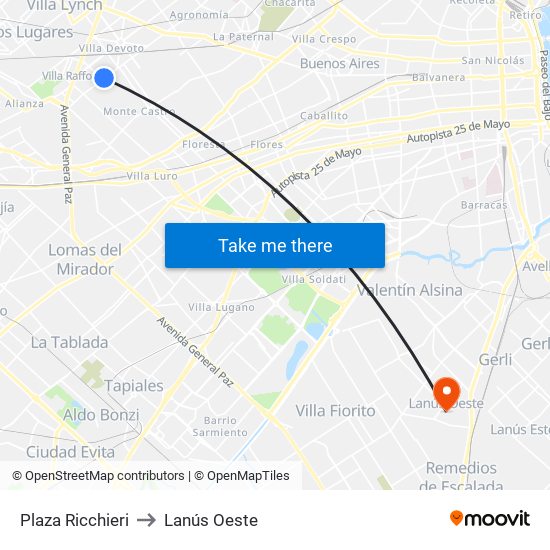 Plaza Ricchieri to Lanús Oeste map