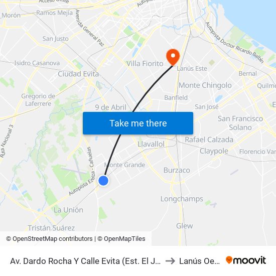 Av. Dardo Rocha Y Calle Evita (Est. El Jagüel) to Lanús Oeste map