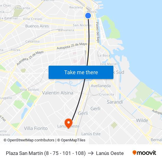 Plaza San Martín (8 - 75 - 101 - 108) to Lanús Oeste map