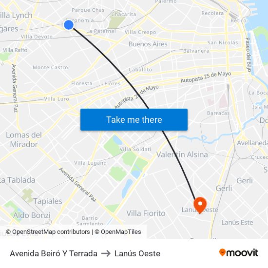 Avenida Beiró Y Terrada to Lanús Oeste map