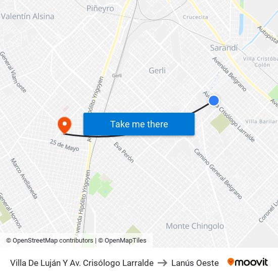 Villa De Luján Y Av. Crisólogo Larralde to Lanús Oeste map