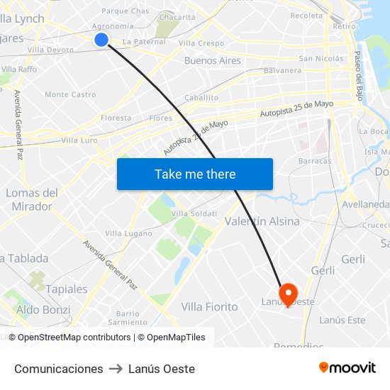 Comunicaciones to Lanús Oeste map