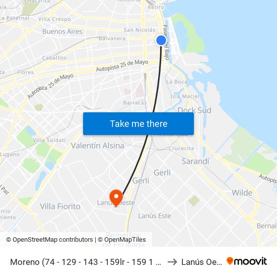 Moreno (74 - 129 - 143 - 159lr - 159 1 - 159 2) to Lanús Oeste map