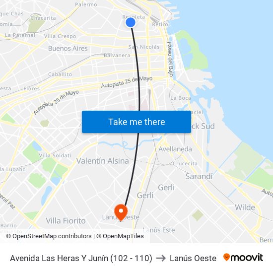 Avenida Las Heras Y Junín (102 - 110) to Lanús Oeste map