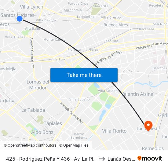 425 - Rodríguez Peña Y 436 - Av. La Plata to Lanús Oeste map