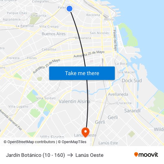 Jardín Botánico (10 - 160) to Lanús Oeste map