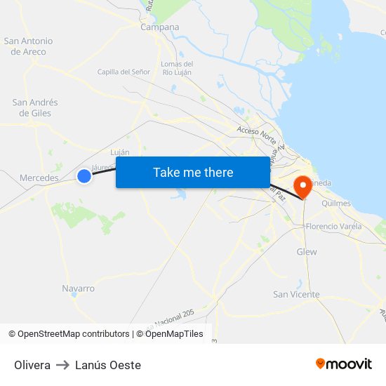 Olivera to Lanús Oeste map