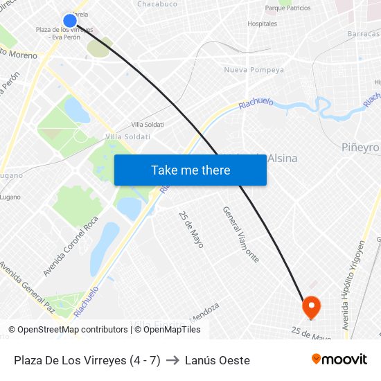 Plaza De Los Virreyes (4 - 7) to Lanús Oeste map