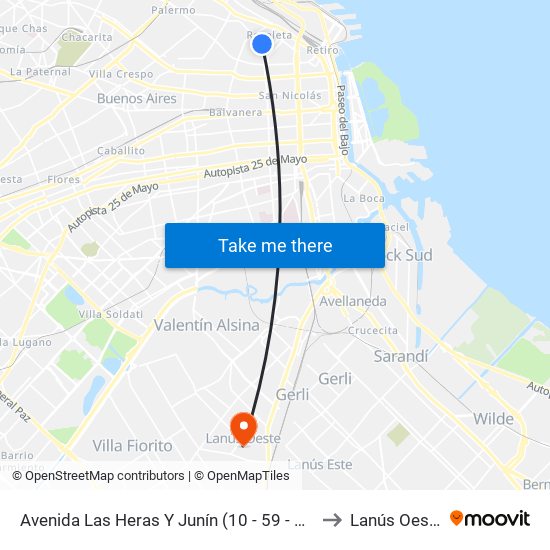 Avenida Las Heras Y Junín (10 - 59 - 60) to Lanús Oeste map