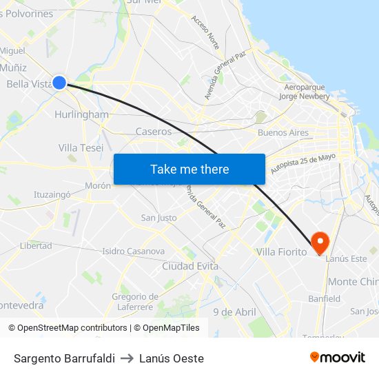 Sargento Barrufaldi to Lanús Oeste map