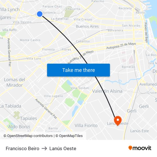 Francisco Beiro to Lanús Oeste map