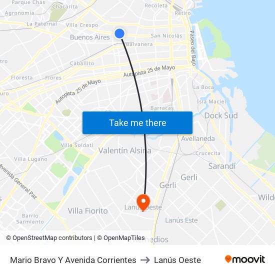 Mario Bravo Y Avenida Corrientes to Lanús Oeste map