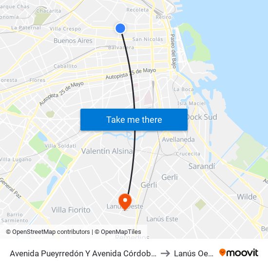 Avenida Pueyrredón Y Avenida Córdoba (64) to Lanús Oeste map