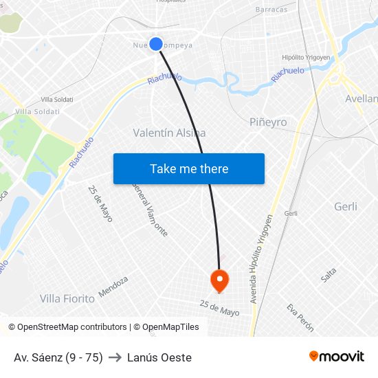 Av. Sáenz (9 - 75) to Lanús Oeste map