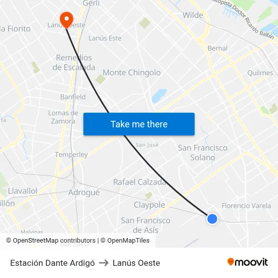 Estación Dante Ardigó to Lanús Oeste map