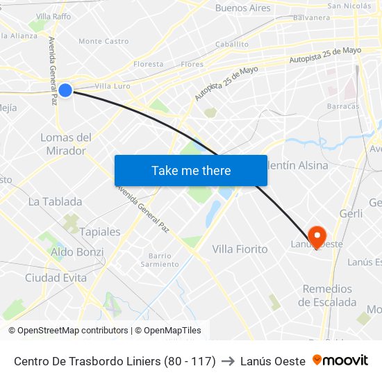 Centro De Trasbordo Liniers (80 - 117) to Lanús Oeste map