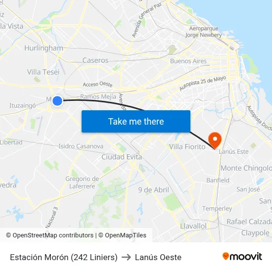Estación Morón (242 Liniers) to Lanús Oeste map