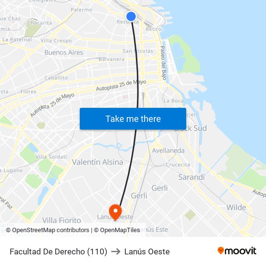 Facultad De Derecho (110) to Lanús Oeste map