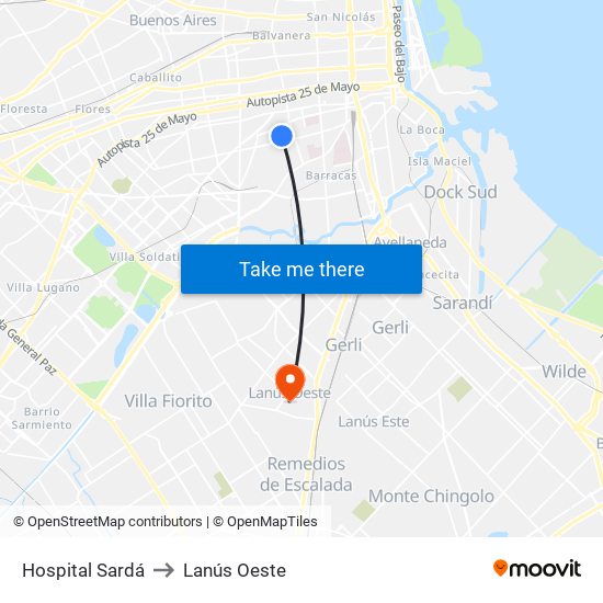 Hospital Sardá to Lanús Oeste map