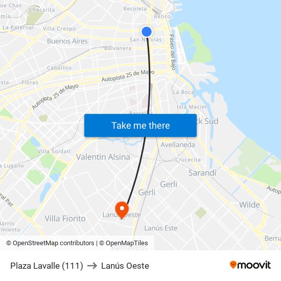 Plaza Lavalle (111) to Lanús Oeste map