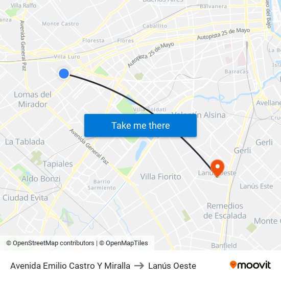 Avenida Emilio Castro Y Miralla to Lanús Oeste map