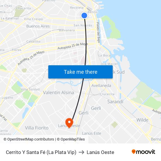 Cerrito Y Santa Fé (La Plata Vip) to Lanús Oeste map