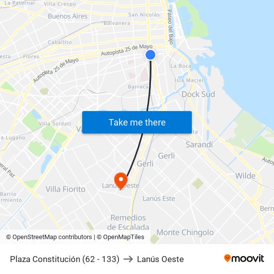 Plaza Constitución (62 - 133) to Lanús Oeste map