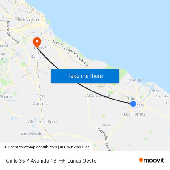 Calle 35 Y Avenida 13 to Lanús Oeste map
